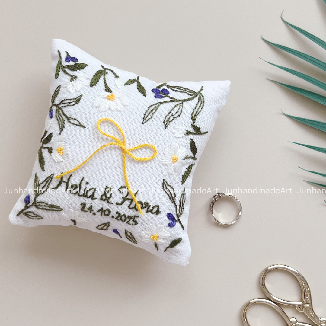 Personalized Set Embroidered Ring Bearer Pillow and Ribbon, Linen Wedding Cushion, Hand Embroidery Ring Holder, Floral Ring Pillow Wedding