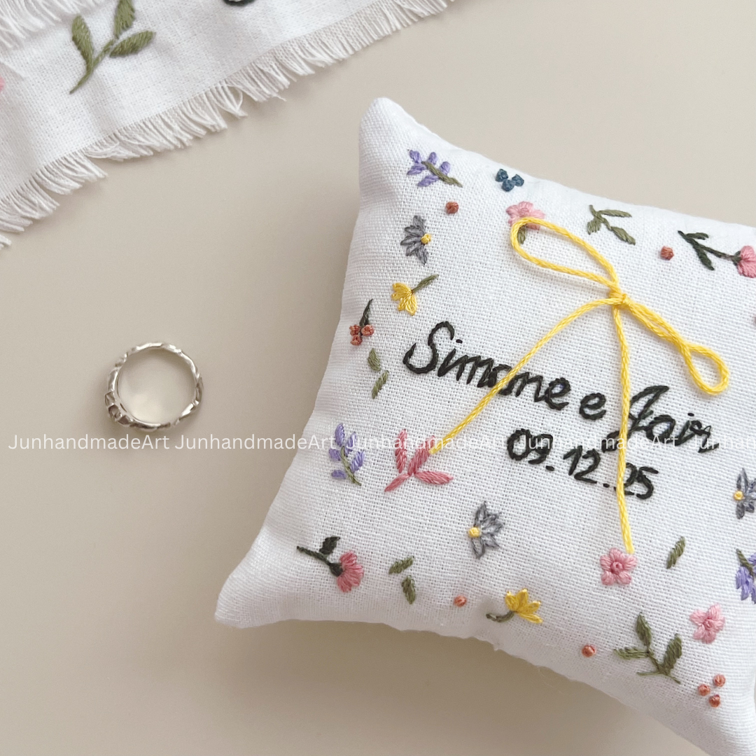 Tiny Wild Flowers Embroidered Wedding Ribbon – Custom Linen Tie for Bouquet or Hair, Hand-stitched with Names & Date, Bridal Keepsake Gift