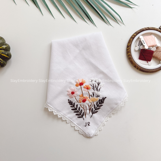 Wild Daisy Bouquet Wedding Handkerchief, Custom Embroidered Handkerchief, Linen Handkerchiefs