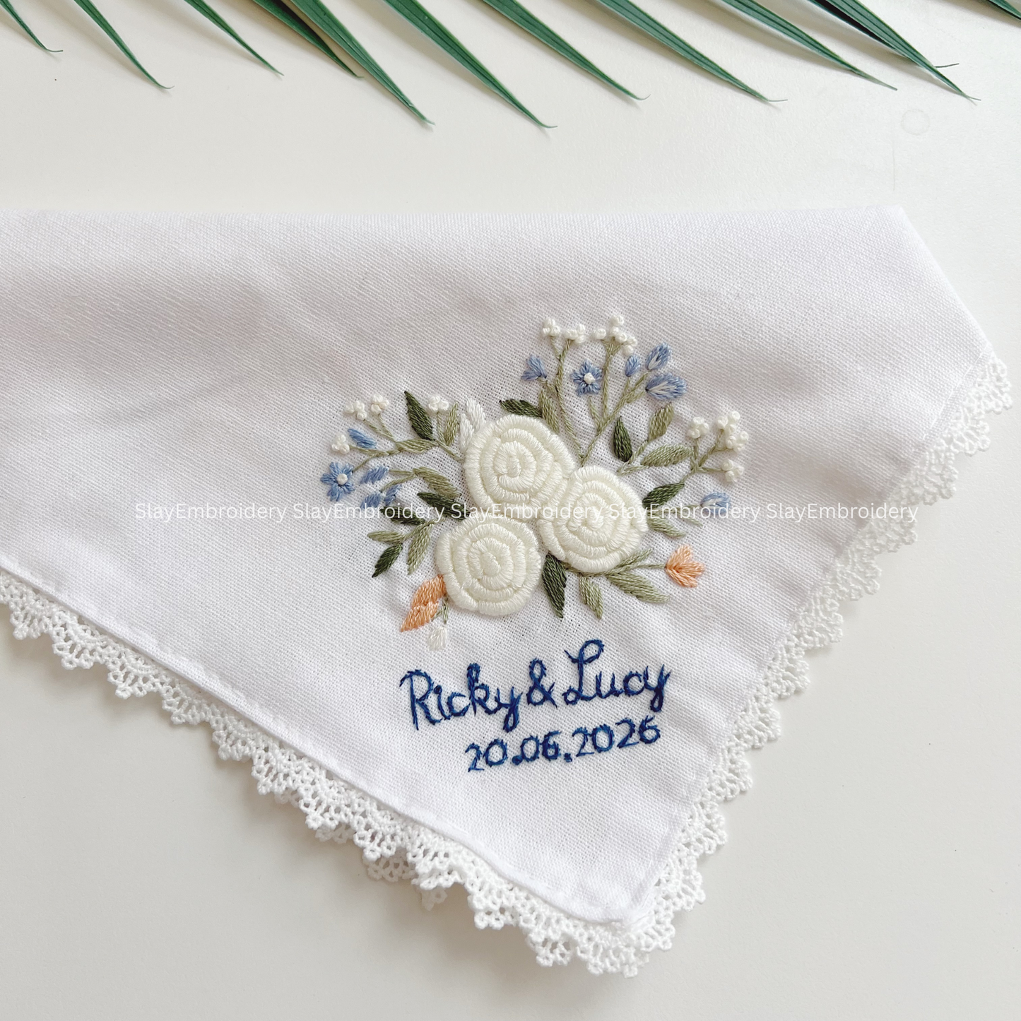 White Rose Wedding Handkerchief, Custom Embroidered Handkerchief, Linen Handkerchiefs