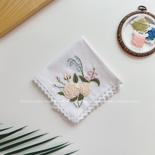 Beige Bloom Wedding Handkerchief, Custom Embroidered Handkerchief, Linen Handkerchiefs