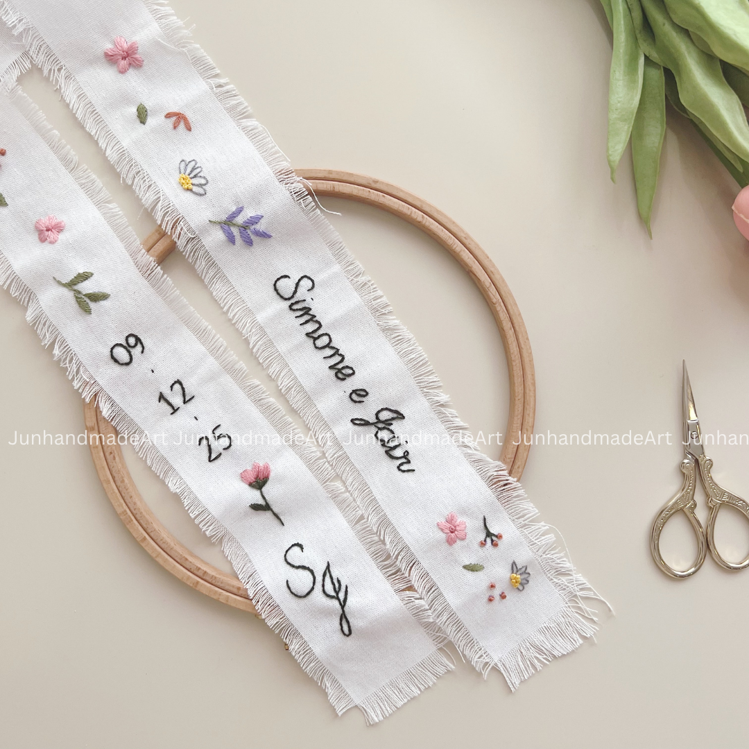 Tiny Wild Flowers Embroidered Wedding Ribbon – Custom Linen Tie for Bouquet or Hair, Hand-stitched with Names & Date, Bridal Keepsake Gift