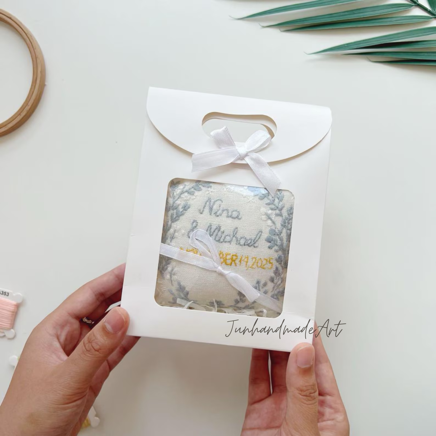 Personalized Embroidered Ring Bearer Pillow, Winter Flower Linen Wedding Gift, Hand Embroidery Ring Holder Leaf Woodland Pillow, Custom Name