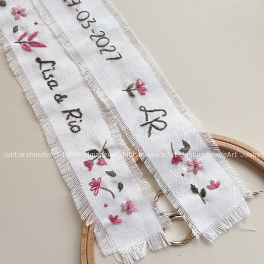 Personalized Set Embroidered Ring Bearer Pillow and Ribbon, Linen Wedding Cushion, Hand Embroidery Ring Holder, Floral Ring Pillow Wedding