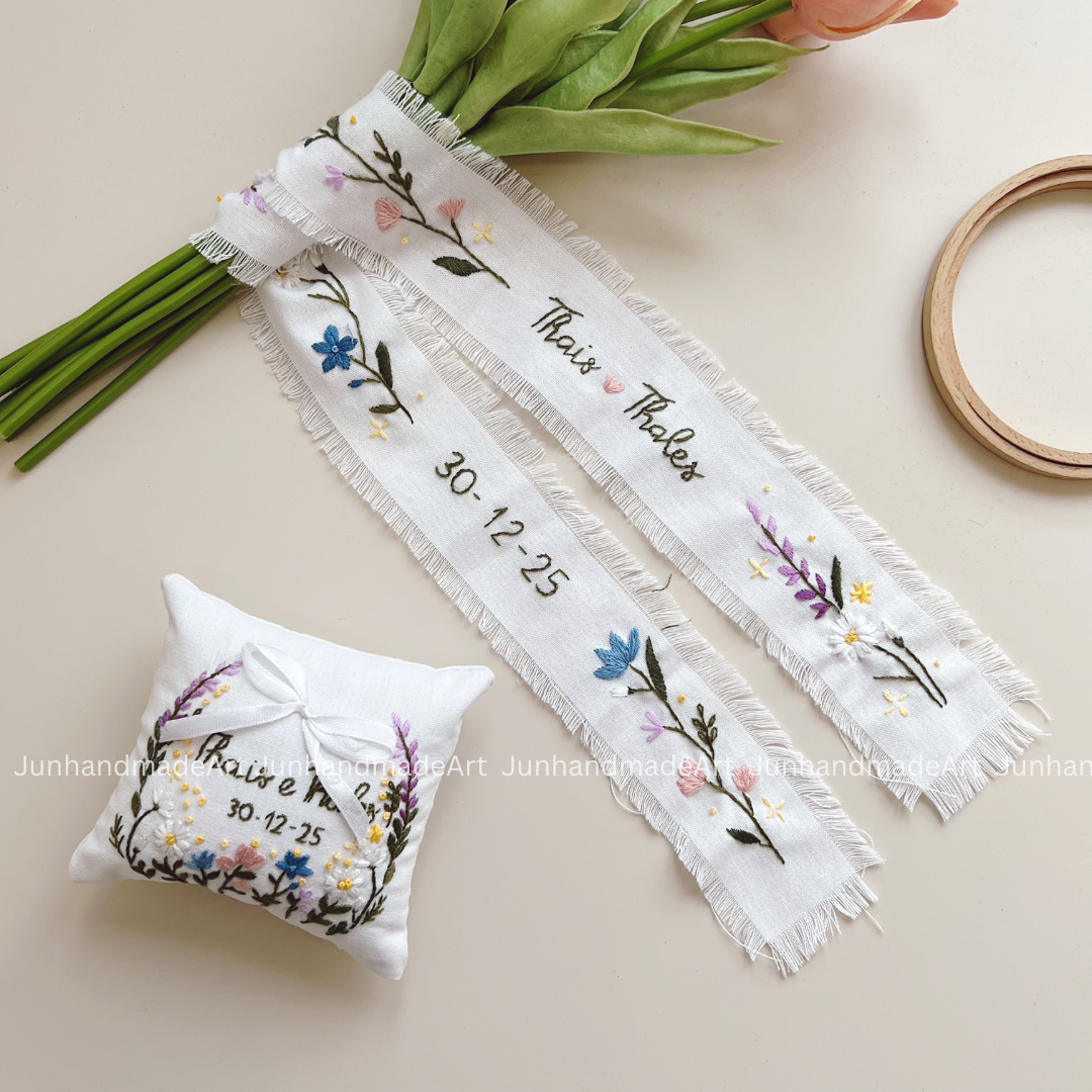 Beautiful Garden Embroidered Wedding Ribbon – Custom Linen Tie for Bouquet or Hair, Hand-stitched with Names & Date, Bridal Keepsake Gift