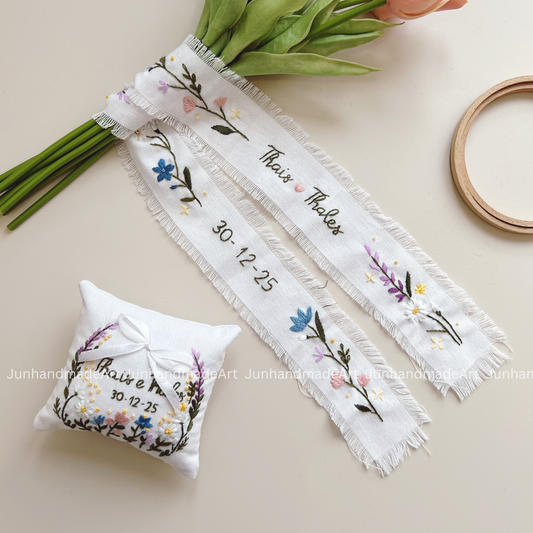 Beautiful Garden Embroidered Wedding Ribbon – Custom Linen Tie for Bouquet or Hair, Hand-stitched with Names & Date, Bridal Keepsake Gift