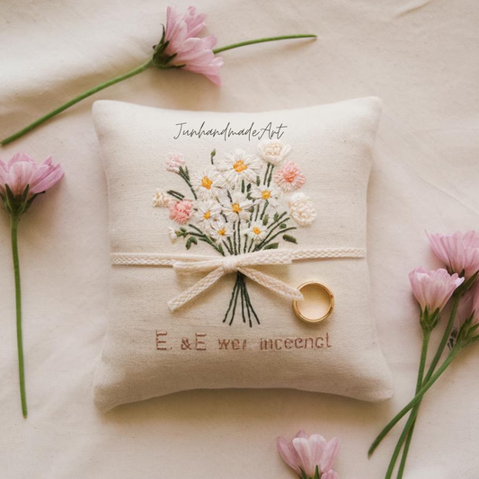 Personalized Embroidered Ring Bearer Pillow, Custom Linen Wedding Cushion, Hand Embroidery Ring Holder, Floral Ring Pillow, Wedding Gift