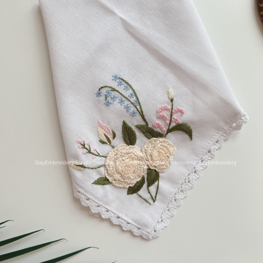 Beige Bloom Wedding Handkerchief, Custom Embroidered Handkerchief, Linen Handkerchiefs