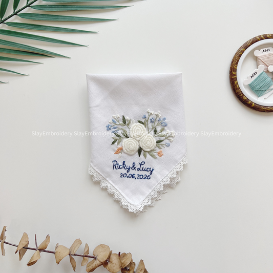 White Rose Wedding Handkerchief, Custom Embroidered Handkerchief, Linen Handkerchiefs