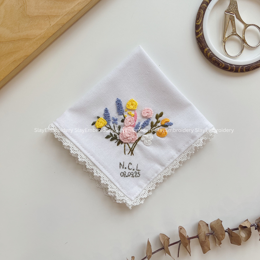 Sunlit Blooms Wedding Handkerchief, Custom Embroidered Handkerchief, Linen Handkerchiefs