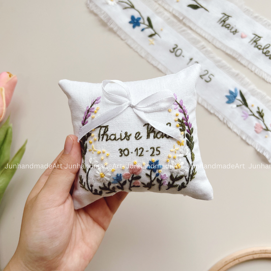 Beautiful Garden Embroidered Wedding Ribbon – Custom Linen Tie for Bouquet or Hair, Hand-stitched with Names & Date, Bridal Keepsake Gift