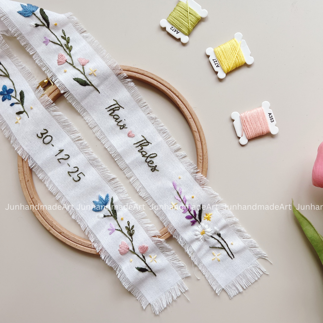 Beautiful Garden Embroidered Wedding Ribbon – Custom Linen Tie for Bouquet or Hair, Hand-stitched with Names & Date, Bridal Keepsake Gift