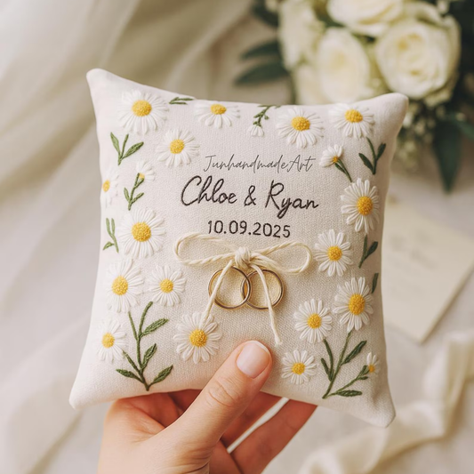 Personalized Embroidered Ring Bearer Pillow, Custom Linen Wedding Cushion, Hand Embroidery Ring Holder, Floral Ring Pillow, Wedding Gift