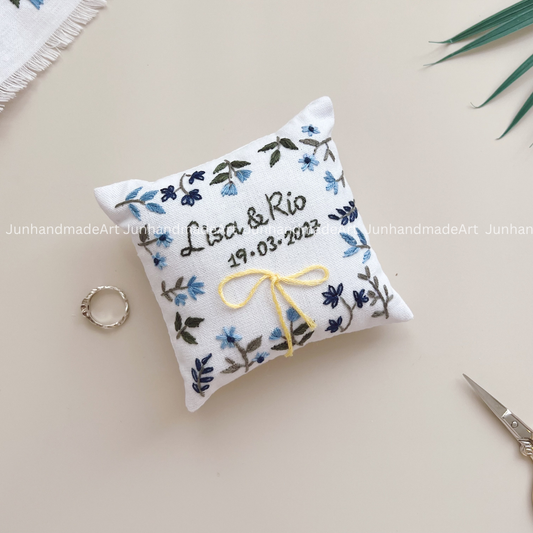 Personalized Set Embroidered Ring Bearer Pillow and Ribbon, Linen Wedding Cushion, Hand Embroidery Ring Holder, Floral Ring Pillow Wedding