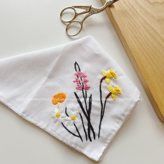 Joyful Wildflowers Wedding Handkerchief, Custom Embroidered Handkerchief, Linen Handkerchiefs