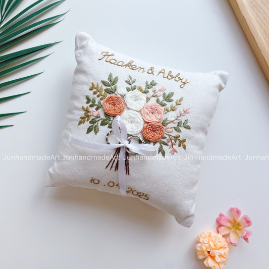 Orange Roses Bouquet Bearer Pillow Linen Wedding Cushion Hand Embroidery Ring Holder Floral Ring Pillow Wedding Gift