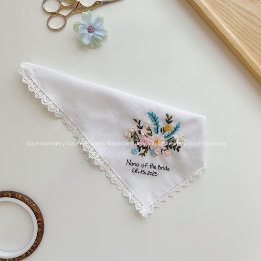 Pastel Meadow Wedding Handkerchief, Custom Embroidered Handkerchief, Linen Handkerchiefs