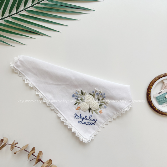 White Rose Wedding Handkerchief, Custom Embroidered Handkerchief, Linen Handkerchiefs