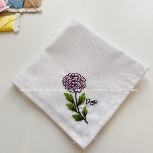 Dahlia Bloom Wedding Handkerchief, Custom Embroidered Handkerchief