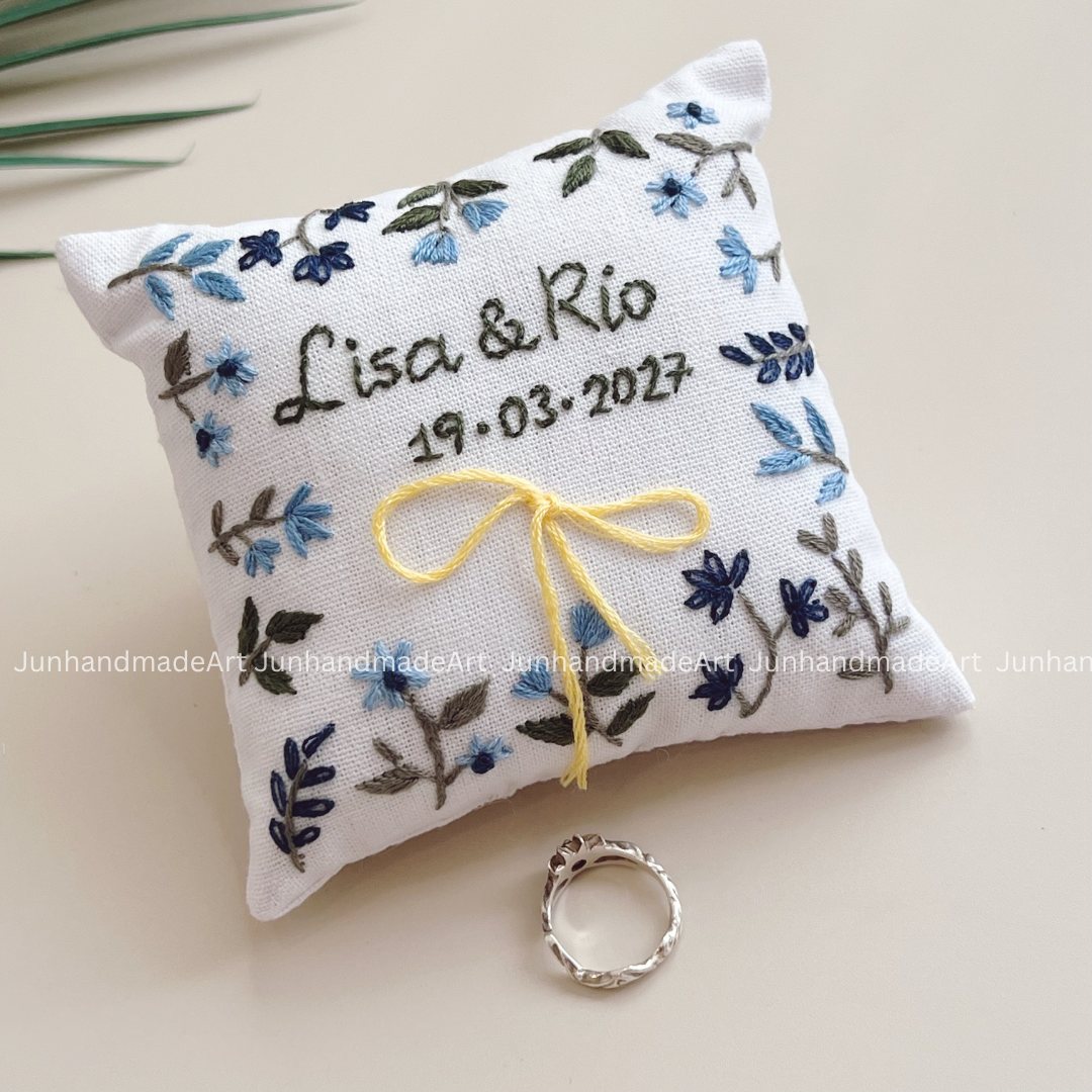 Dreamy Blue Embroidered Wedding Ribbon – Custom Linen Tie for Bouquet or Hair, Hand-stitched with Names & Date, Bridal Keepsake Gift