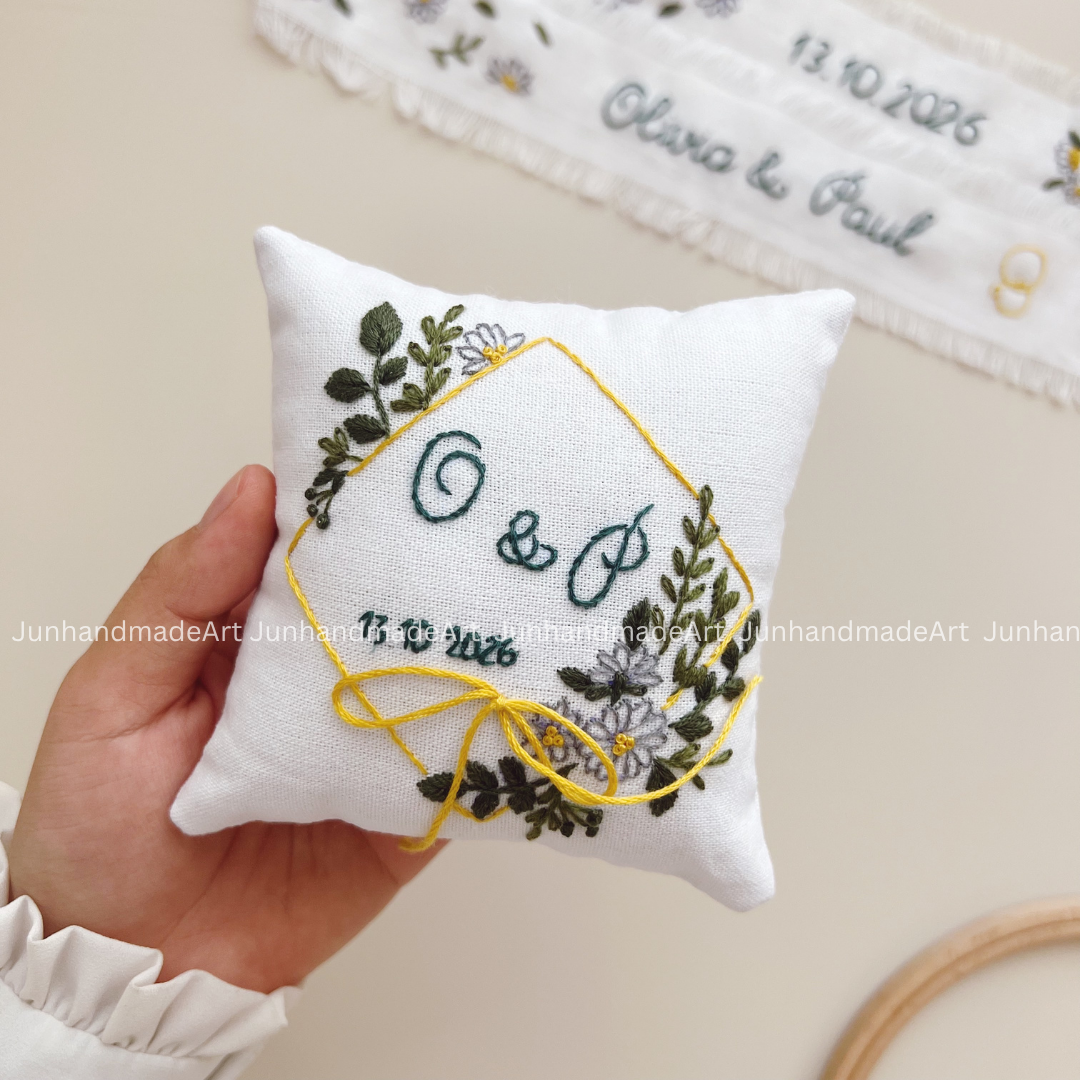 Little Flowers Embroidered Wedding Ribbon – Custom Linen Tie for Bouquet or Hair, Hand-stitched with Names & Date, Bridal Keepsake Gift