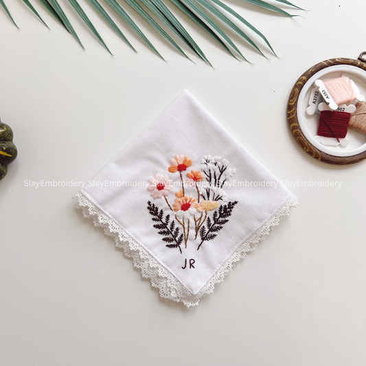 Wild Daisy Bouquet Wedding Handkerchief, Custom Embroidered Handkerchief, Linen Handkerchiefs