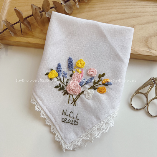 Sunlit Blooms Wedding Handkerchief, Custom Embroidered Handkerchief, Linen Handkerchiefs