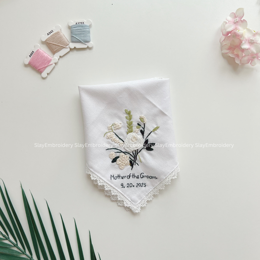 White Meadow Wedding Handkerchief, Custom Embroidered Handkerchief, Linen Handkerchiefs