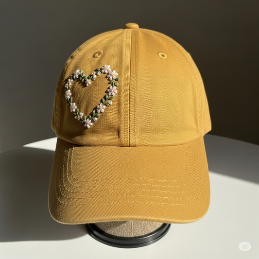 Daisy Heart Summer Hand Embroidery Hat Vintage Hat Washed Baseball Cap