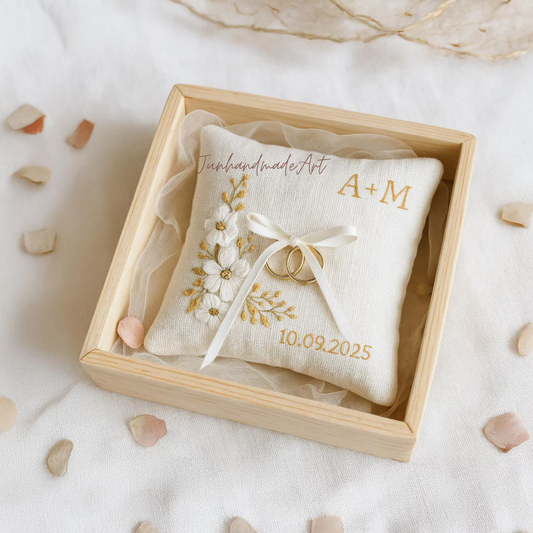 Personalized Embroidered Ring Bearer Pillow, Custom Linen Wedding Cushion, Hand Embroidery Ring Holder, Floral Ring Pillow, Wedding Gift