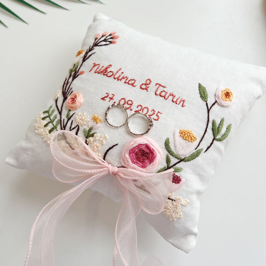 Custom Dusty Pink Roses Embroidered Ring Bearer Pillow Linen Wedding Cushion Hand Embroidery Ring Holder Floral Ring Pillow Wedding Gift