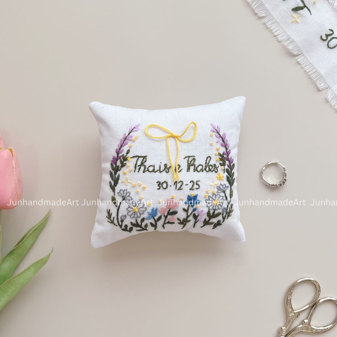 Personalized Set Embroidered Ring Bearer Pillow and Ribbon, Linen Wedding Cushion, Hand Embroidery Ring Holder, Floral Ring Pillow Wedding