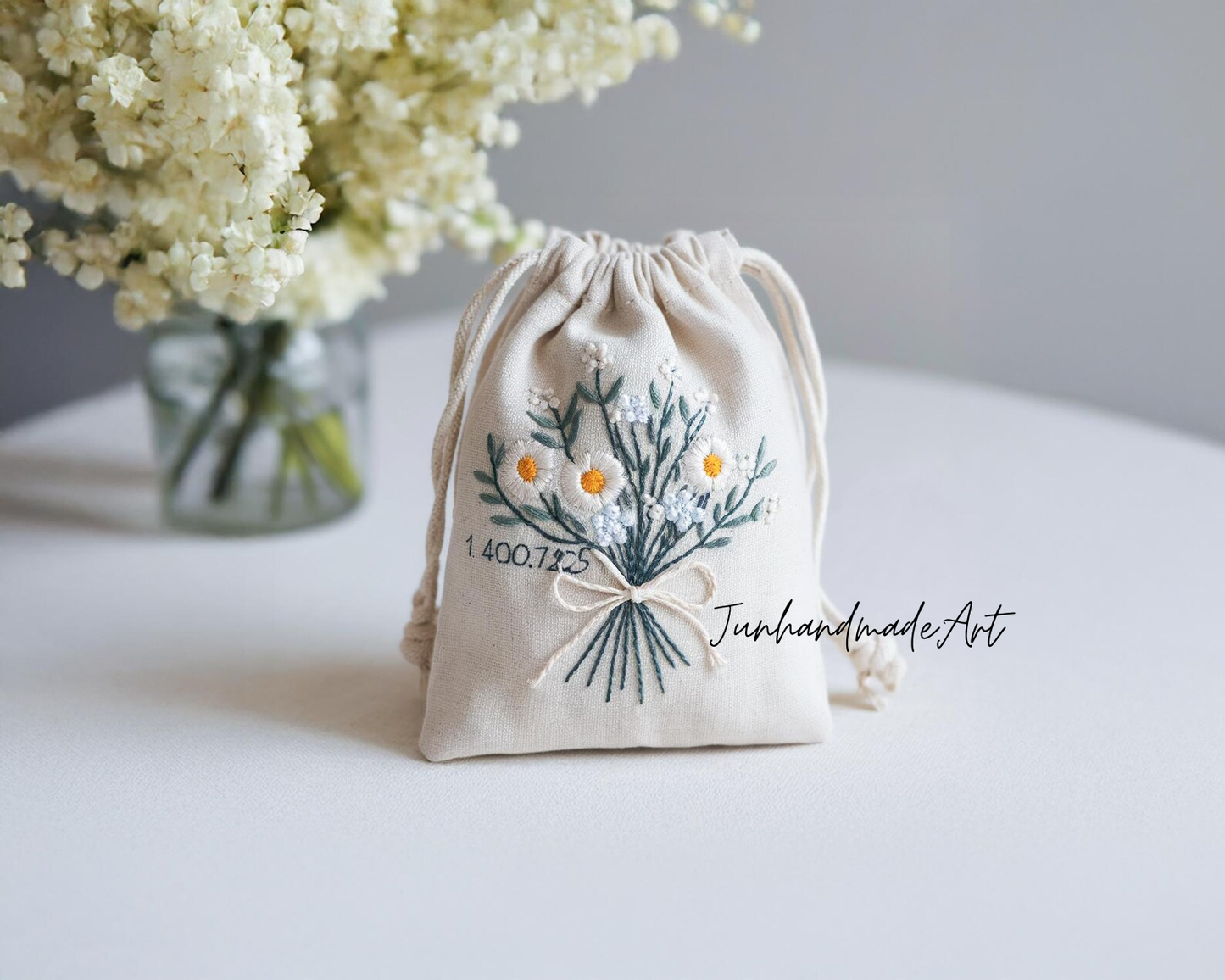 Personalized Embroidered Wedding Sachet Bag – Wedding Favor Gift, Linen Lavender Pouch, Custom Name & Date