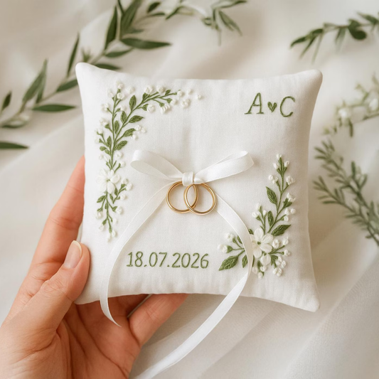Personalized Embroidered Ring Bearer Pillow, Custom Linen Wedding Cushion, Hand Embroidery Ring Holder, Floral Ring Pillow, Wedding Gift