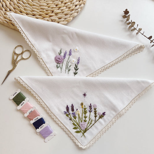 Purple Lavenders Wild Flowers Wedding Handkerchief, Custom Embroidered Handkerchief, Linen Handkerchiefs