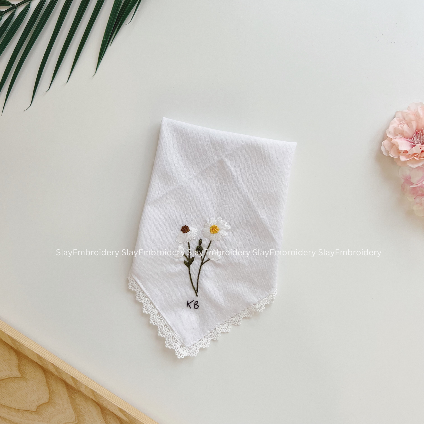 Sunny Daisy Wedding Handkerchief, Custom Embroidered Handkerchief, Linen Handkerchiefs