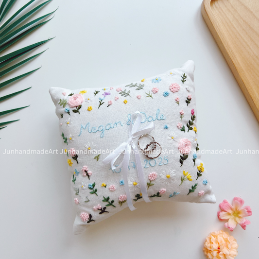 Pastel Little Flowers Bearer Pillow Linen Wedding Cushion Hand Embroidery Ring Holder Floral Ring Pillow Wedding Gift