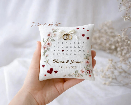 Personalized Embroidered Ring Bearer Pillow, Custom Linen Wedding Cushion, Hand Embroidery Ring Holder, Floral Ring Pillow, Wedding Gift