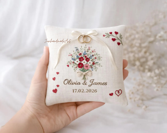 Personalized Embroidered Ring Bearer Pillow, Custom Linen Wedding Cushion, Hand Embroidery Ring Holder, Floral Ring Pillow, Wedding Gift