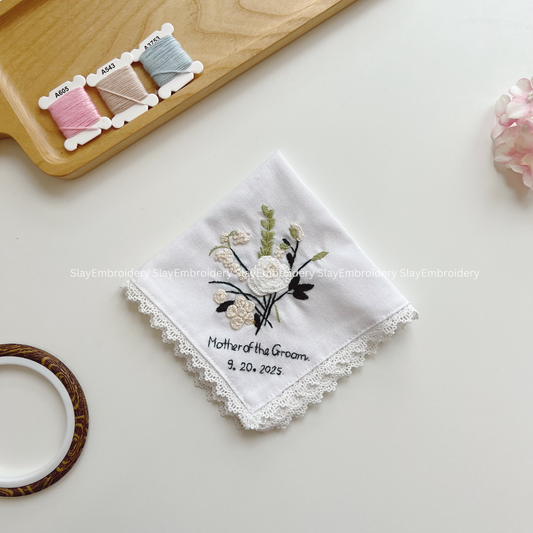 White Meadow Wedding Handkerchief, Custom Embroidered Handkerchief, Linen Handkerchiefs