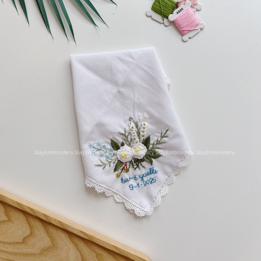 3D White Rose Wedding Handkerchief, Custom Embroidered Handkerchief, Linen Handkerchiefs