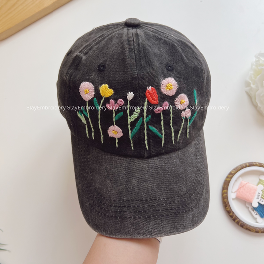 Floral Whispers Summer Hand Embroidery Hat Vintage Hat Washed Baseball Cap
