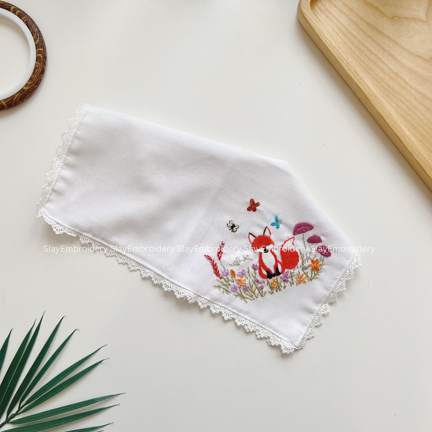 Fox & Flowers Wedding Handkerchief, Custom Embroidered Handkerchief, Linen Handkerchiefs