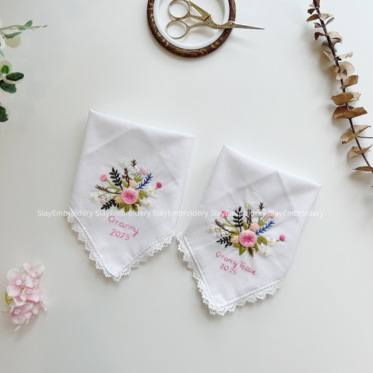 Rose & Daisy Wedding Handkerchief, Custom Embroidered Handkerchief, Linen Handkerchiefs