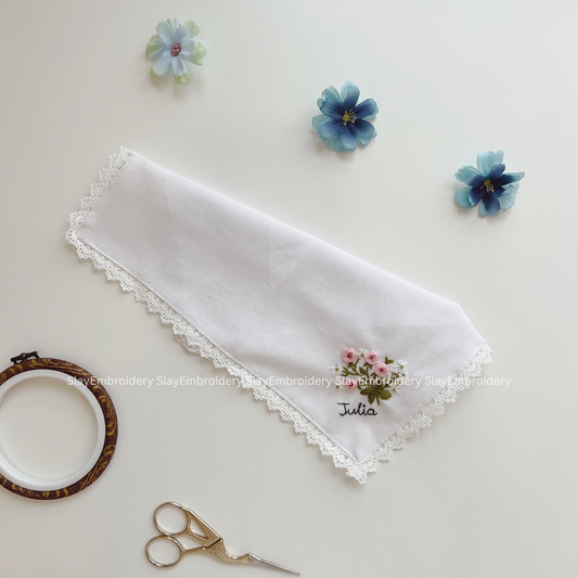 Whispering Roses Wedding Handkerchief, Custom Embroidered Handkerchief, Linen Handkerchiefs