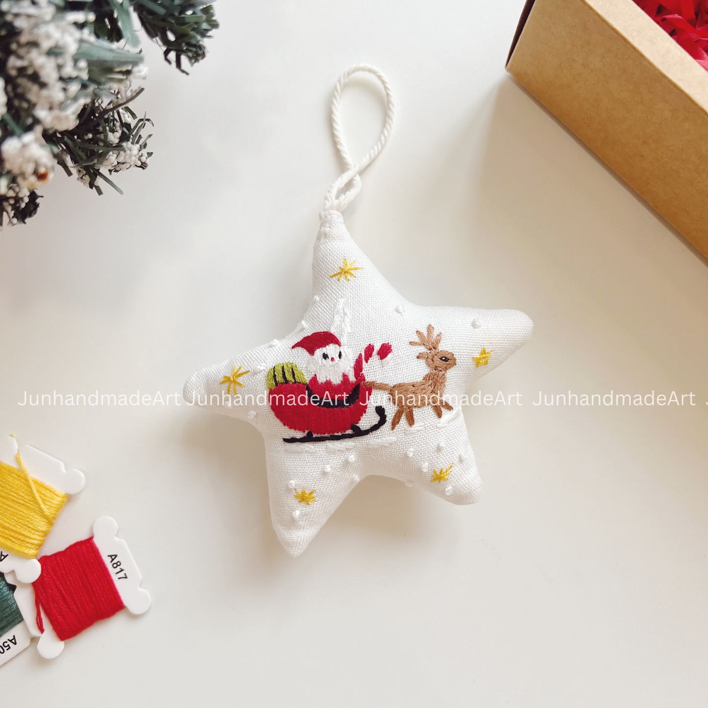 Santa Clause Cup Christmas Star Ornament – Hand Embroidered Linen Floral Ornament – Custom Christmas Gift Decoration