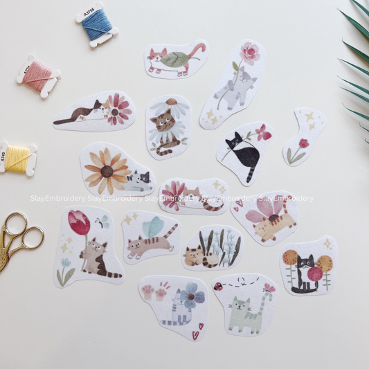 Cat & Flower Embroidery Pattern For Beginner Easy To Use Stick and Stitch