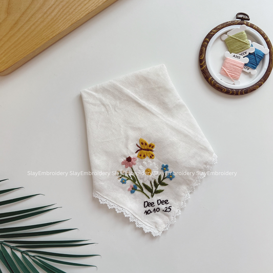 Morning Daisy Wedding Handkerchief, Custom Embroidered Handkerchief, Linen Handkerchiefs