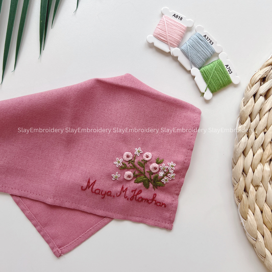 Daisy Pink Roses Wedding Handkerchief, Custom Embroidered Handkerchief