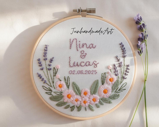 Custom Wedding Embroidery Hoop with Flowers and Names – Personalized Hand Embroidered Wildflowers Gift for Couple, Anniversary